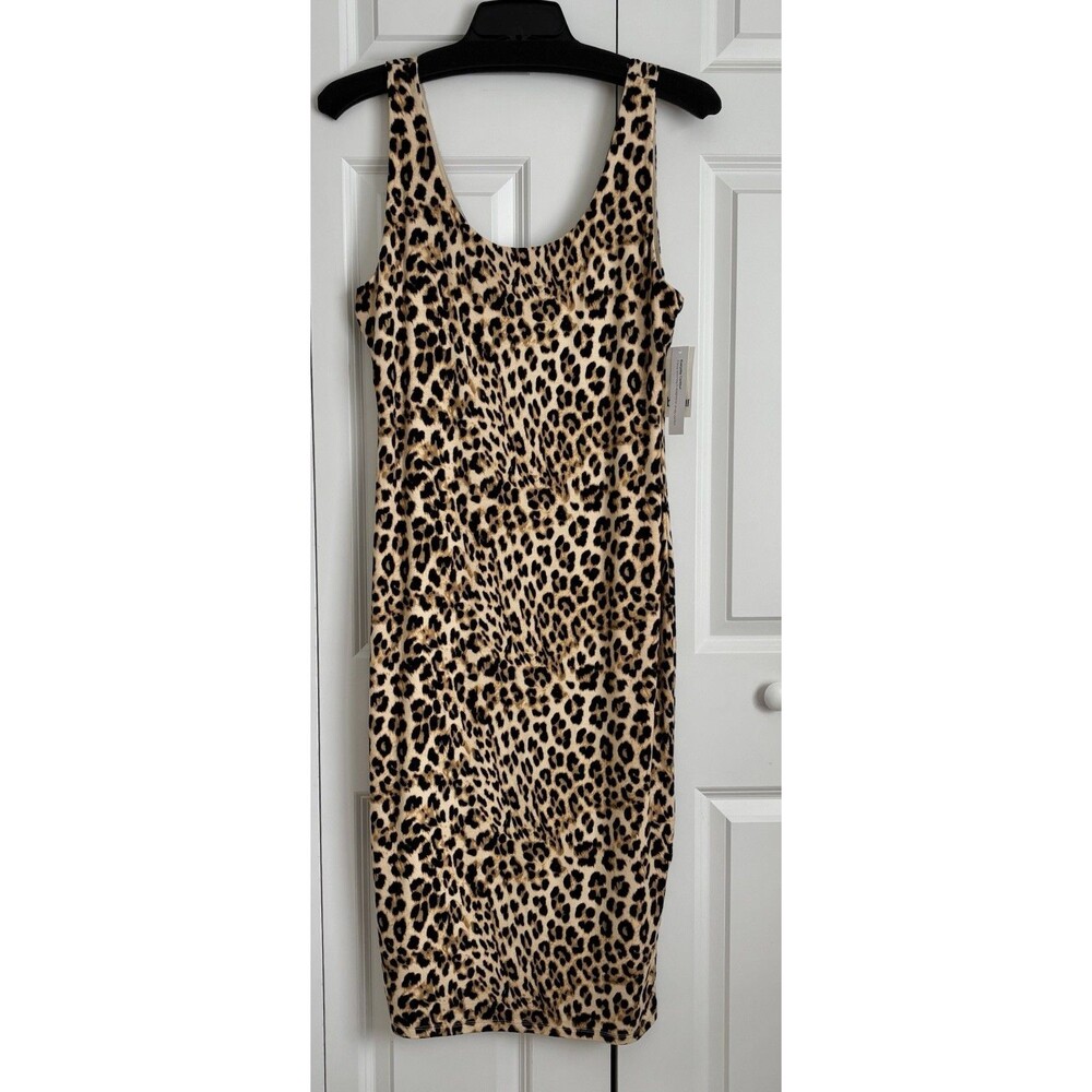 BAR III WOMEN'S DRESS LEOPARD PRINT SIZE L LINED MIDI SLEEVELESS PULLON BODYCON